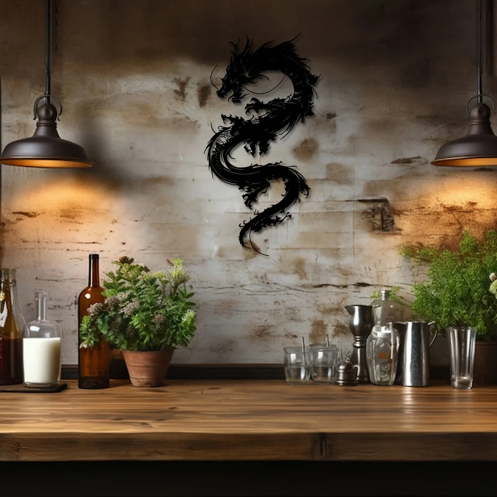 1 Escultura de Pared de Metal Dragón Oriental - Arte de Pared de Hierro Art Déco de 15.75x8.19 Pulgadas, Diseño de Dragón Negro para Hogar, Patio