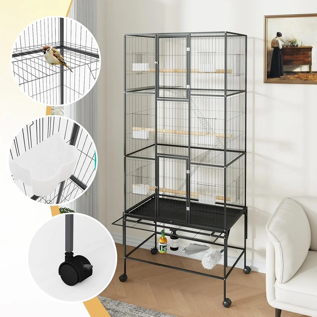 Jaula grande extra para pájaros de 69 pulgadas con ruedas para loros y cacatúas, jaula voladera con estante de almacenamiento, comederos y perchas de madera
