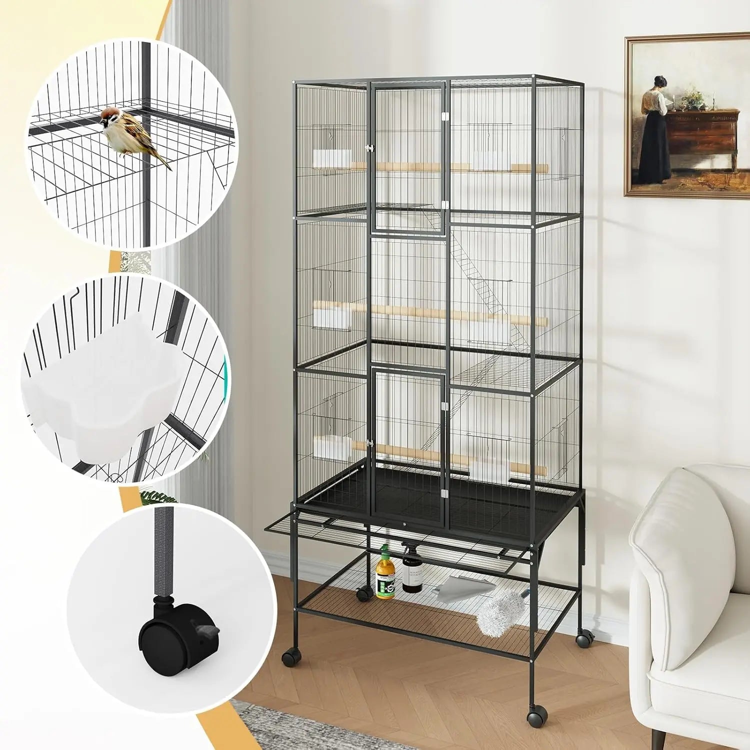 Jaula grande extra para pájaros de 69 pulgadas con ruedas para loros y cacatúas, jaula voladera con estante de almacenamiento, comederos y perchas de madera