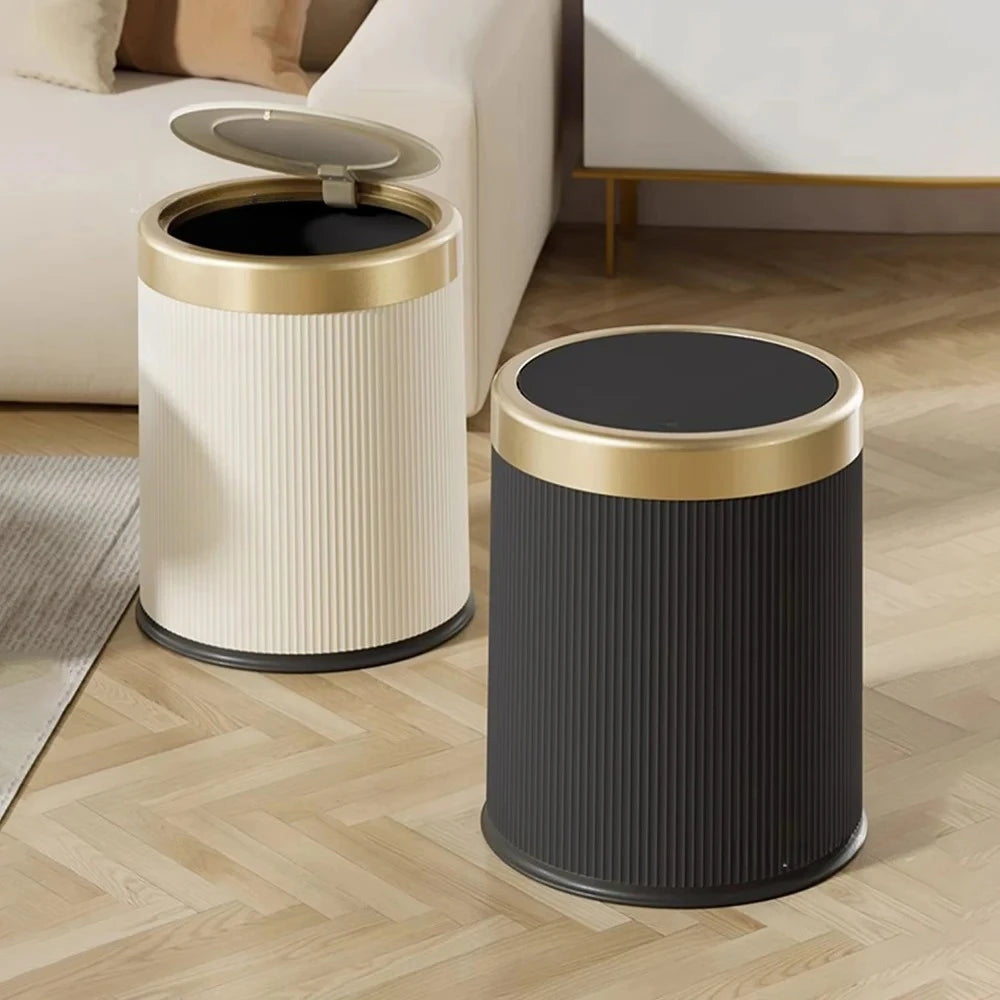 Cubo de Basura con Tapa, Tipo Prensa, Estilo Lujo Ligero, para Oficina, Sala de Estar, Baño, Papelera Redonda con Cubo Interior Extraíble