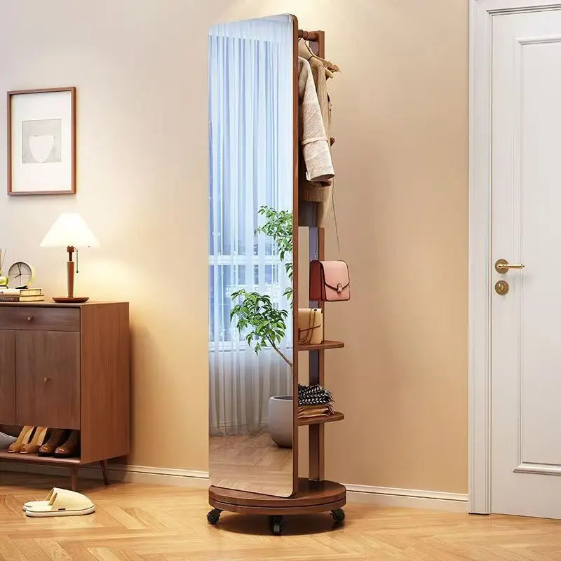 Espejo de vestir de madera maciza, espejo de cuerpo entero, espejo giratorio para el hogar, espejo de pie con colgador integrado, espejo para dormitorio.