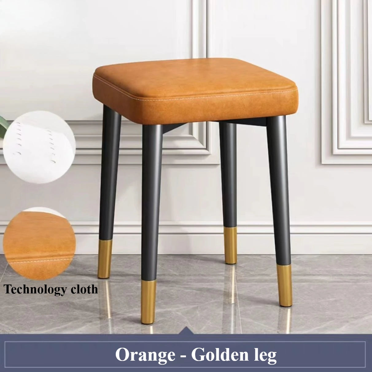 Taburete moderno acolchado para comedor, sala de estar, dormitorio y oficina | con cubierta dorada para las patas, patas con diseño entrecruzado