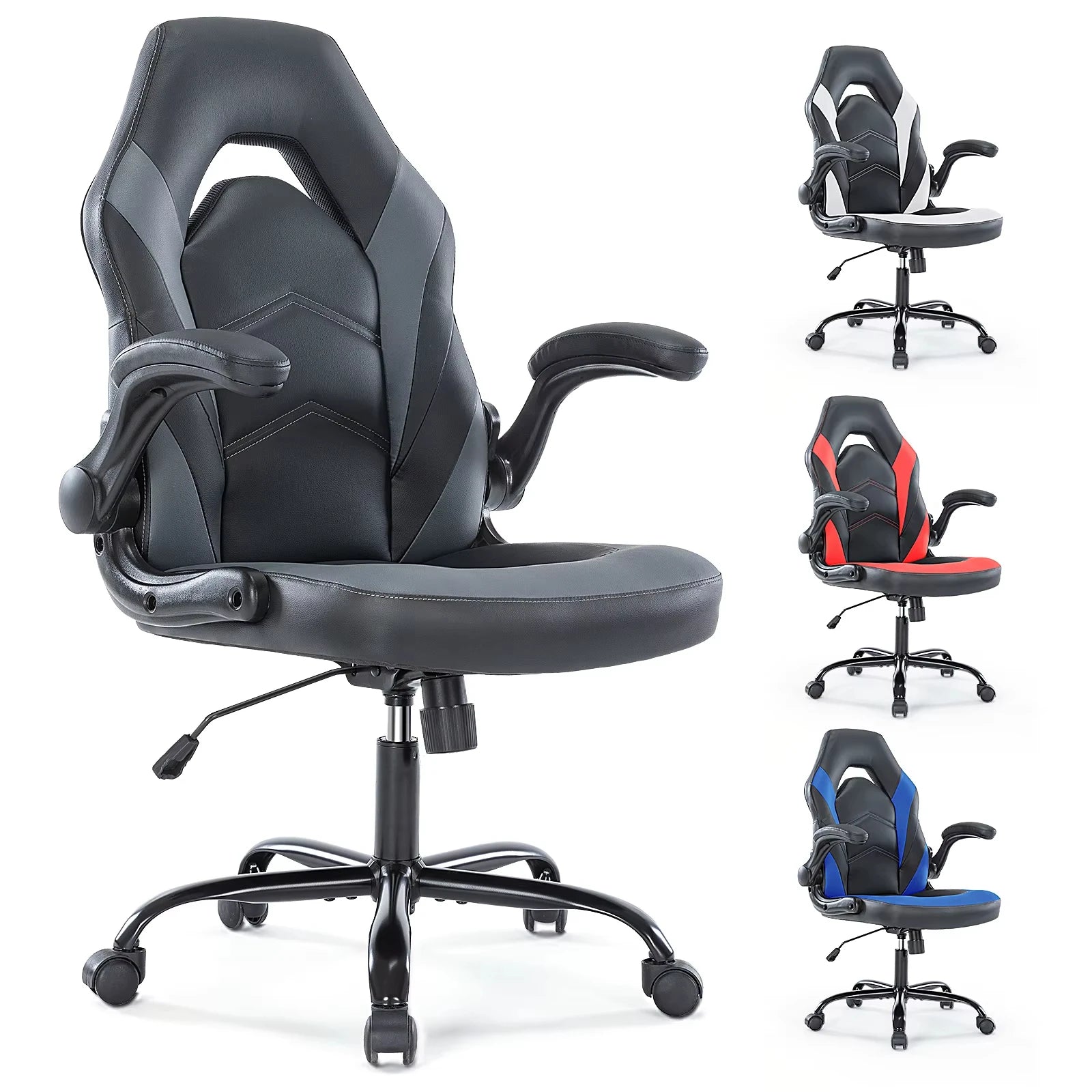 JHK Silla de escritorio ergonómica para oficina, ordenador, hogar, juegos, ajustable, de cuero PU, estilo de carreras, con reposabrazos abatible para muebles de Navidad