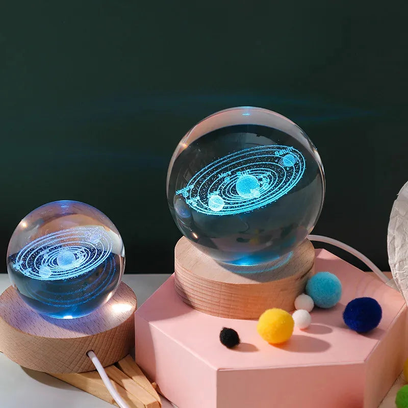 Lámpara de bola de cristal 3D única con proyecciones de galaxias y planetas, luz nocturna USB, RGB, 7 colores, regulable, luces de ambiente, regalo