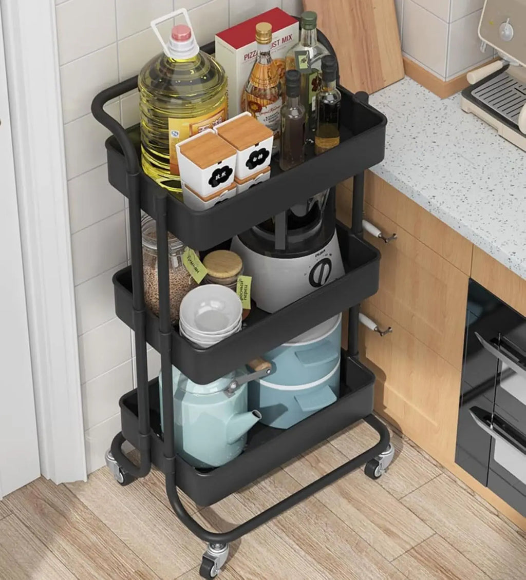 Sooyee Carrito Utilitario de 3 Niveles, Carro Rodante con Asa y Ruedas con Bloqueo, Carrito de Almacenamiento Multifuncional para Cocina, Baño