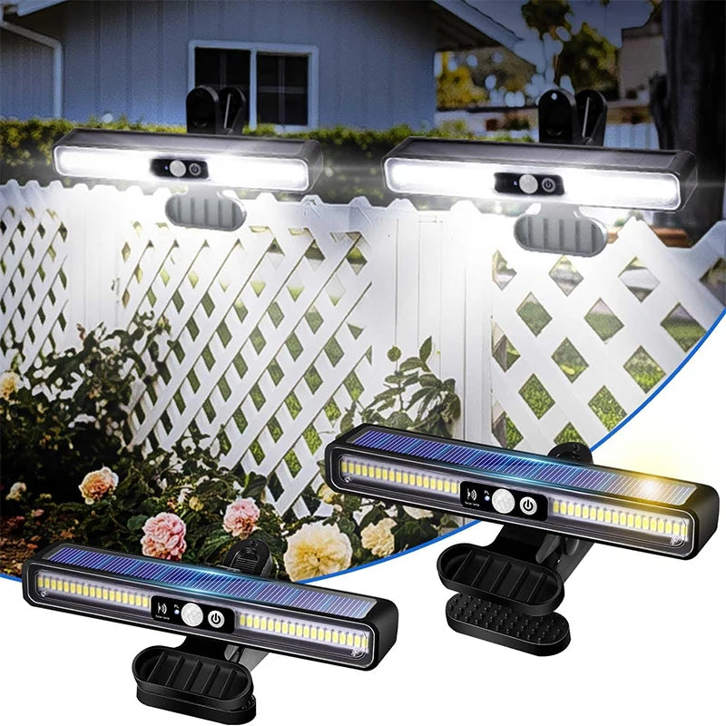 Luces solares con sensor de movimiento con clip para exterior, impermeables, luces solares para vallas exteriores con 36 LED, luz de seguridad portátil con energía solar