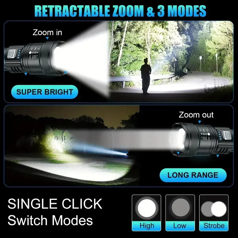 Linterna Súper Brillante Recargable USB LED Largo Alcance Táctica Antorcha Exterior Impermeable Emergencia Camping Pesca Linterna