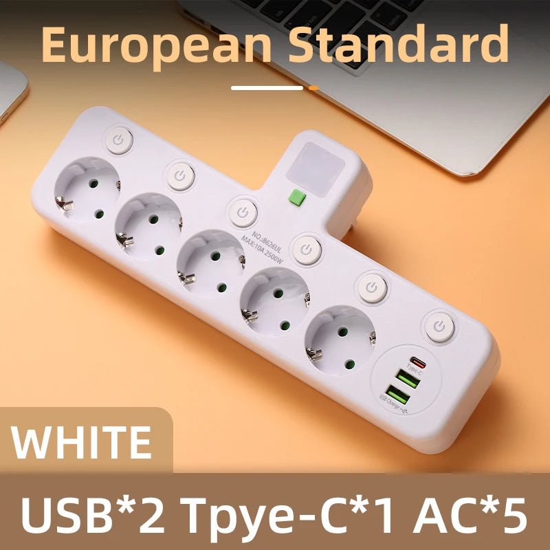 EU Plug AC Outlet Power Strip Multiprise Wall Socket Universal Network Filter USB Cherger Separate Switch Light Adapter
