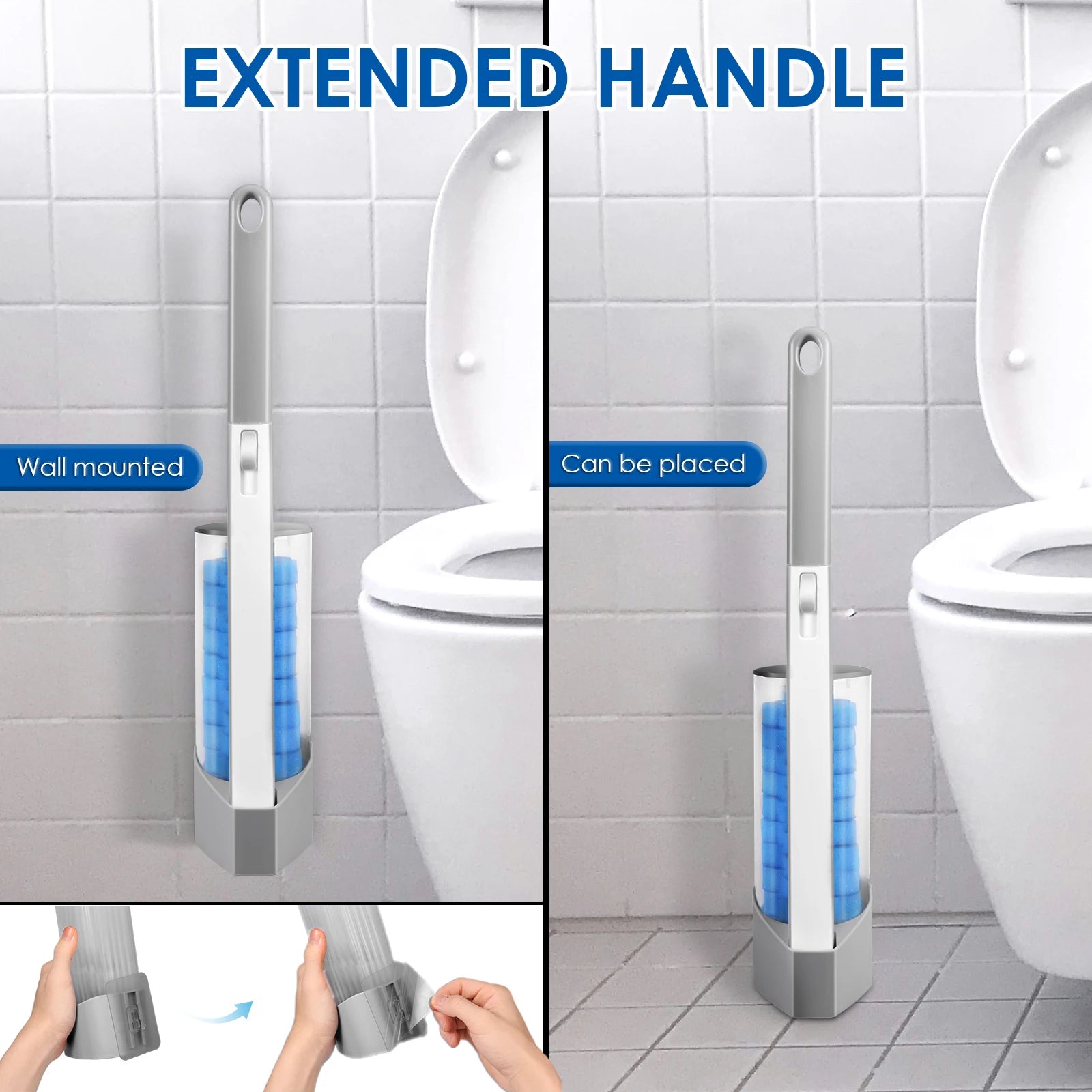 Kit de varita para inodoro, juego de escobilla de baño montado en la pared con 24 cabezales de repuesto, herramienta de limpieza efectiva para el baño 360° para el hogar
