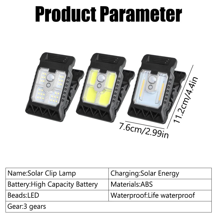 Luz solar LED para exteriores con clip, portátil, impermeable, sensor de movimiento, lámpara de patio, jardín, hogar, camping, luces de pared