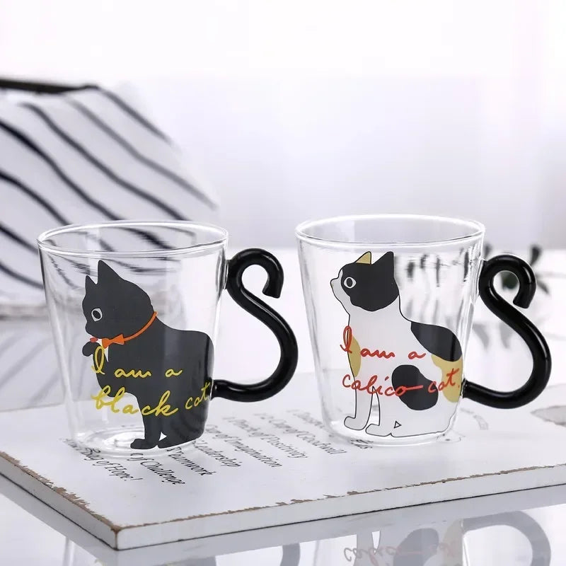 JUSTINLAU Taza de café con cola de gato 3D 250ml Taza de agua de vidrio de borosilicato alto resistente al calor Taza de leche para desayuno en casa para amantes de los gatos