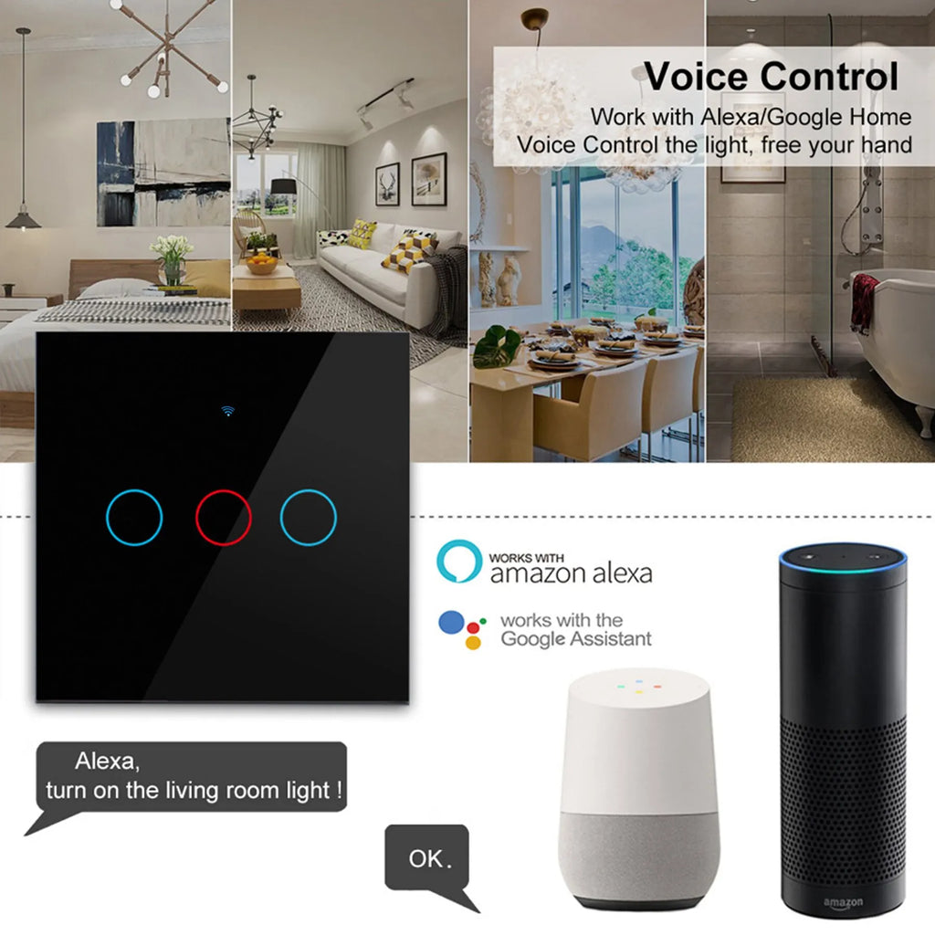 Funciona con interruptor inteligente Tuya WiFi. Funciona con Alexa con/sin cable neutro. Interruptor sensor táctil de pared RF433 inalámbrico.