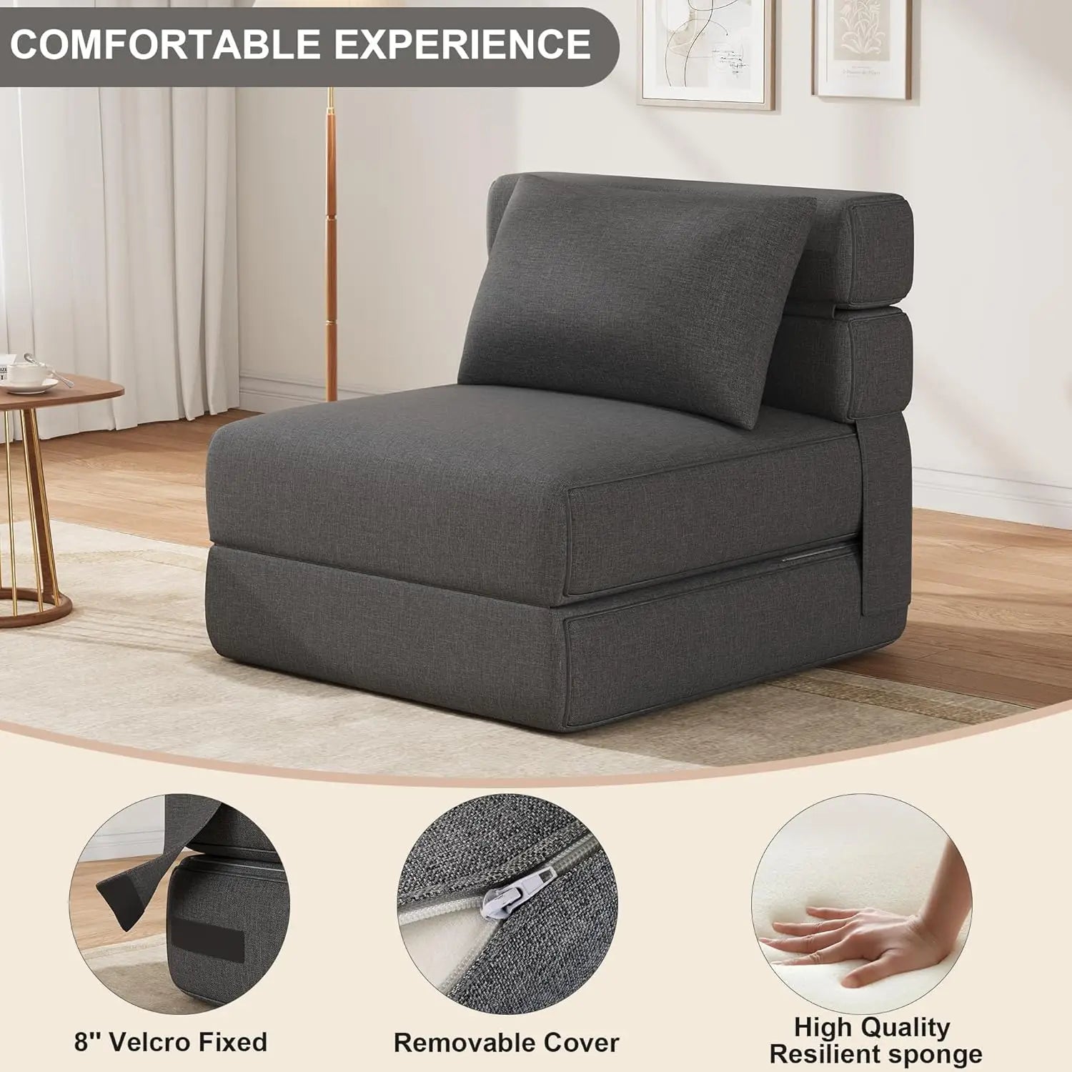 Sofá cama plegable convertible con almohada, sofá individual cómodo, espuma viscoelástica de alta densidad, funda de lino extraíble