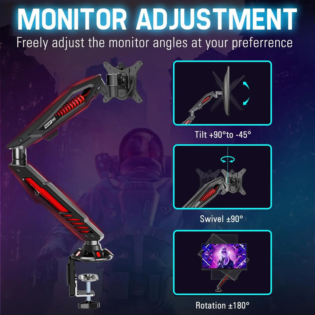 Brazo de monitor ajustable para videojuegos con resorte mecánico, abrazadera en C y base de ojal para pantallas de hasta 32", compatible con VESA