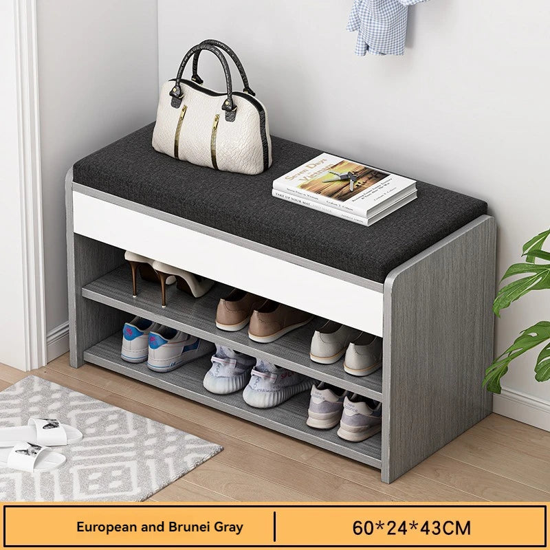Panel de entrada, vestíbulo, taburete para calzado, entrada con asiento, taburete largo, zapatero, zapatero integrado