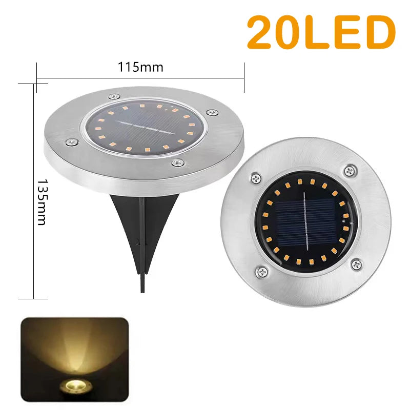Luz solar de disco de 8/20 LED para exteriores, luz solar subterránea para jardín, foco de cubierta, lámpara solar LED enterrada, decoración de jardín