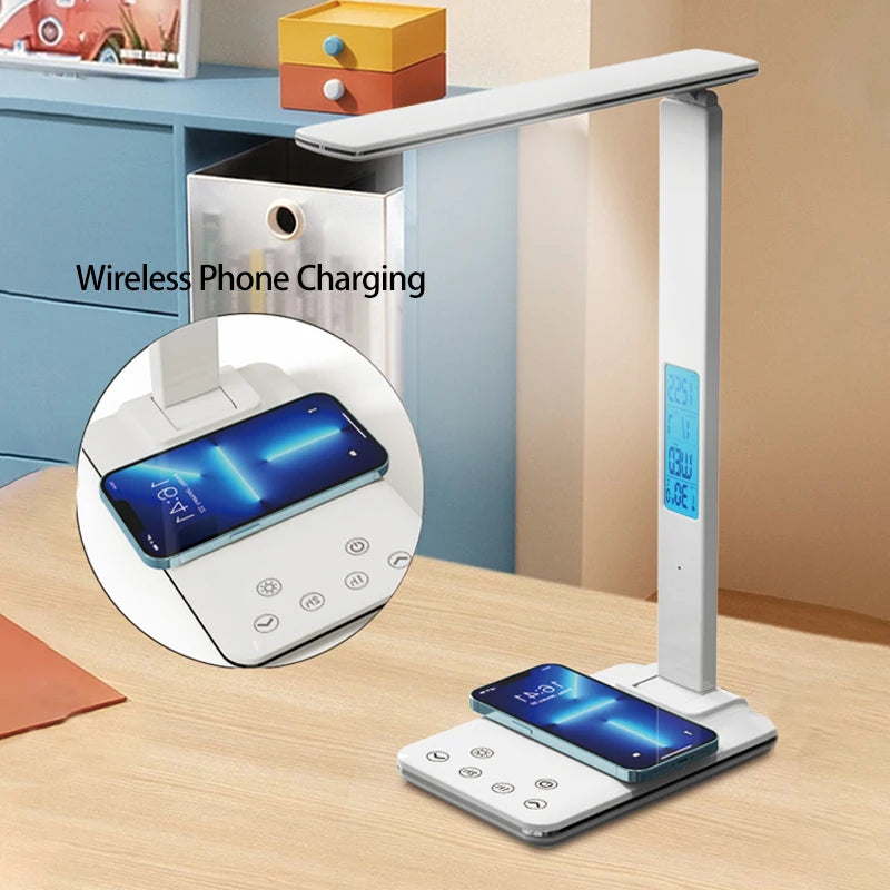 Lámpara de Escritorio Plegable para Leer con Enchufe USB, Lámpara de Escritorio de 15W con Carga Inalámbrica para Teléfono Móvil, con Temporizador, Luz de Protección Ocular para Dormitorio y Oficina