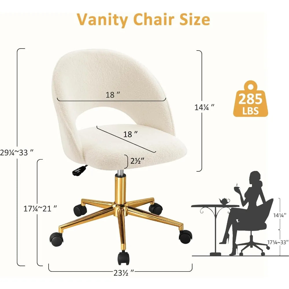 Silla de tocador con respaldo, bonita silla de escritorio con ruedas para niñas, silla decorativa tapizada sin brazos con altura de metal dorado