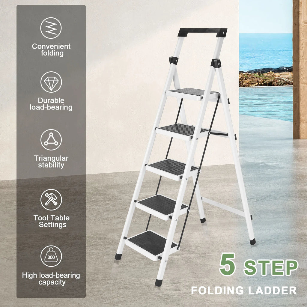 Escalera de Tijera, Taburete Plegable, Taburete Escalera Resistente con Pasamanos y Pedales Anchos, Escalera Antideslizante con Agarre Manual