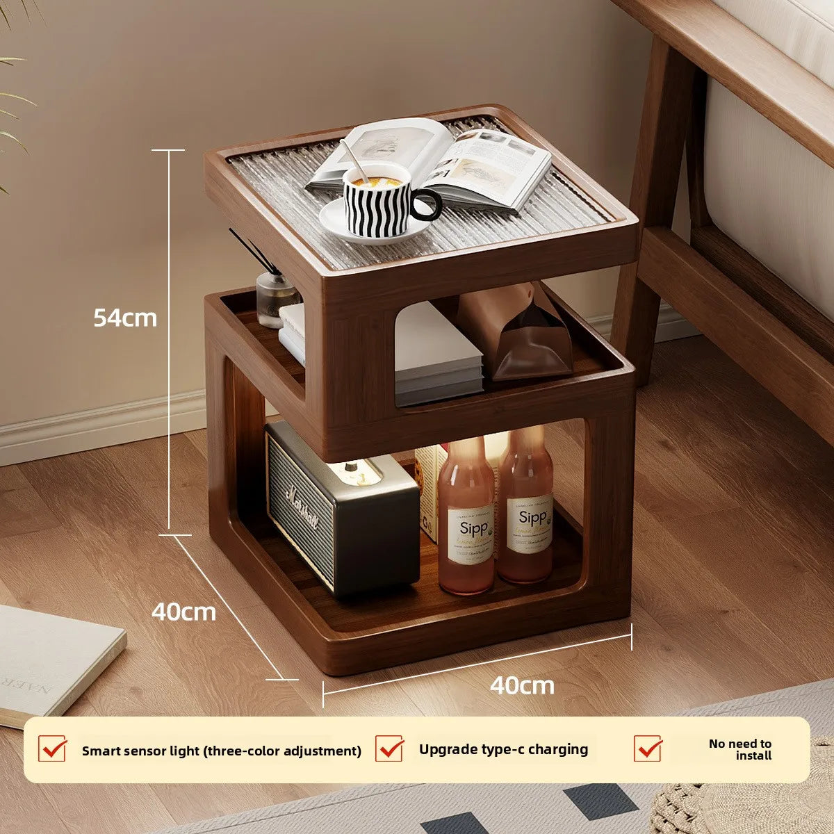 Mesita de noche de madera maciza, almacenamiento de mesita de noche para dormitorio, borde de sofá para el hogar