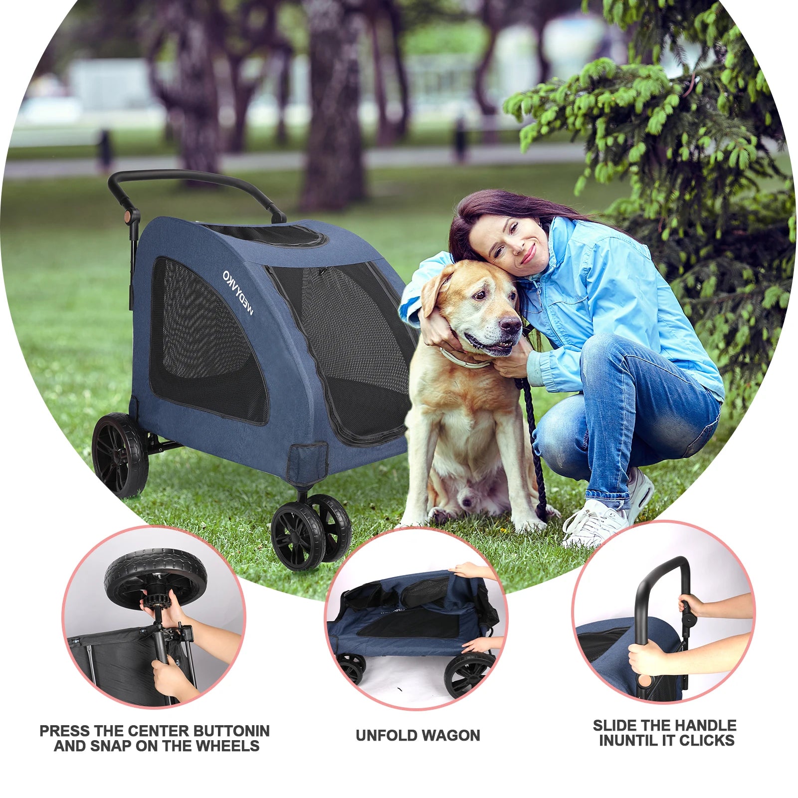 Cochecito de perro de alta resistencia para perros grandes de hasta 54 kg, carrito para mascotas plegable con ruedas de 360°, ventilación completa, cremallera delantera y trasera