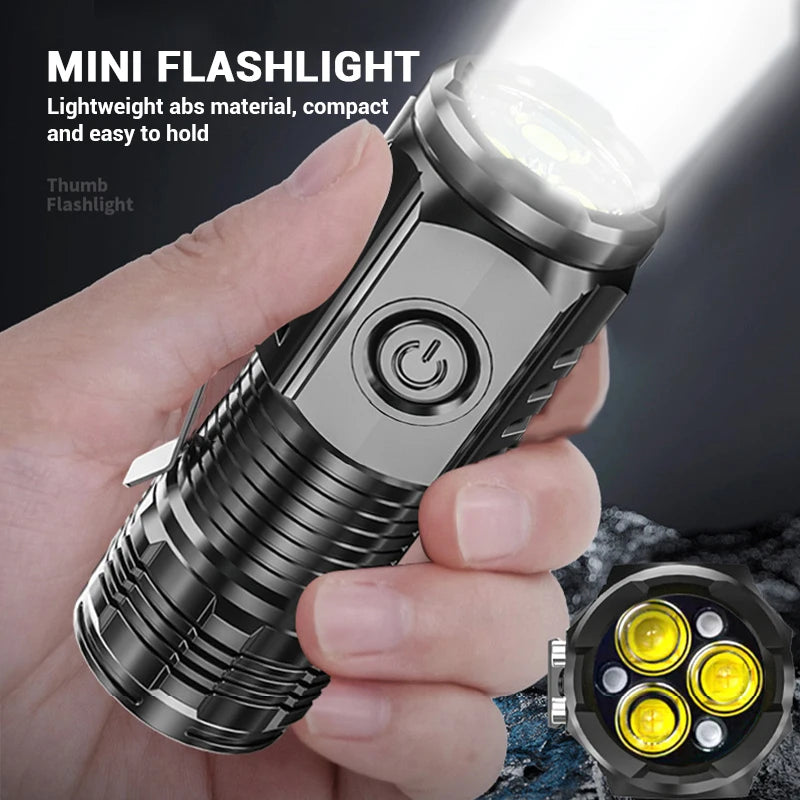 Mini linterna superbrillante de 3 LED con clip para bolígrafo e imán en la parte trasera, batería integrada, carga USB, antorcha portátil para exteriores, lámpara de emergencia