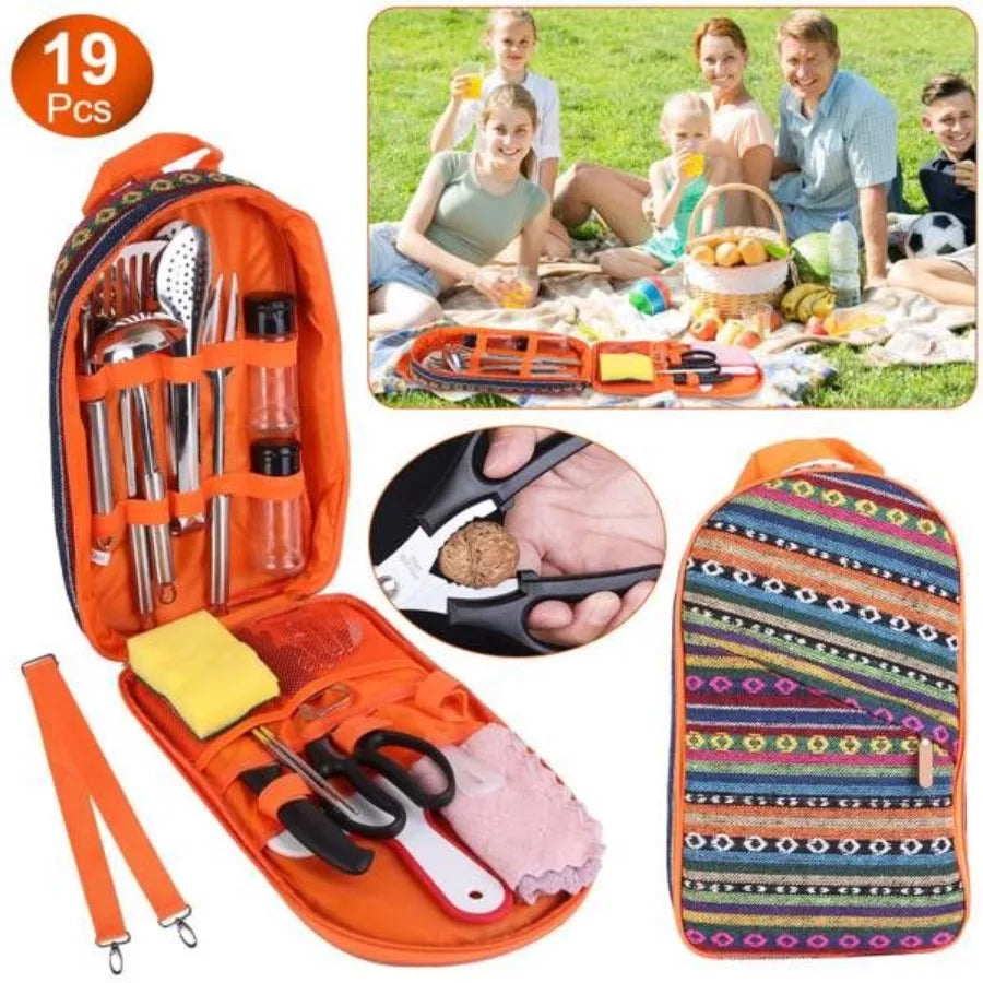 Juego de utensilios de cocina para acampar de 19 piezas, kit portátil de utensilios de cocina para pícnic, equipo de cocina para exteriores, aparatos para barbacoa, fogata, con estufa