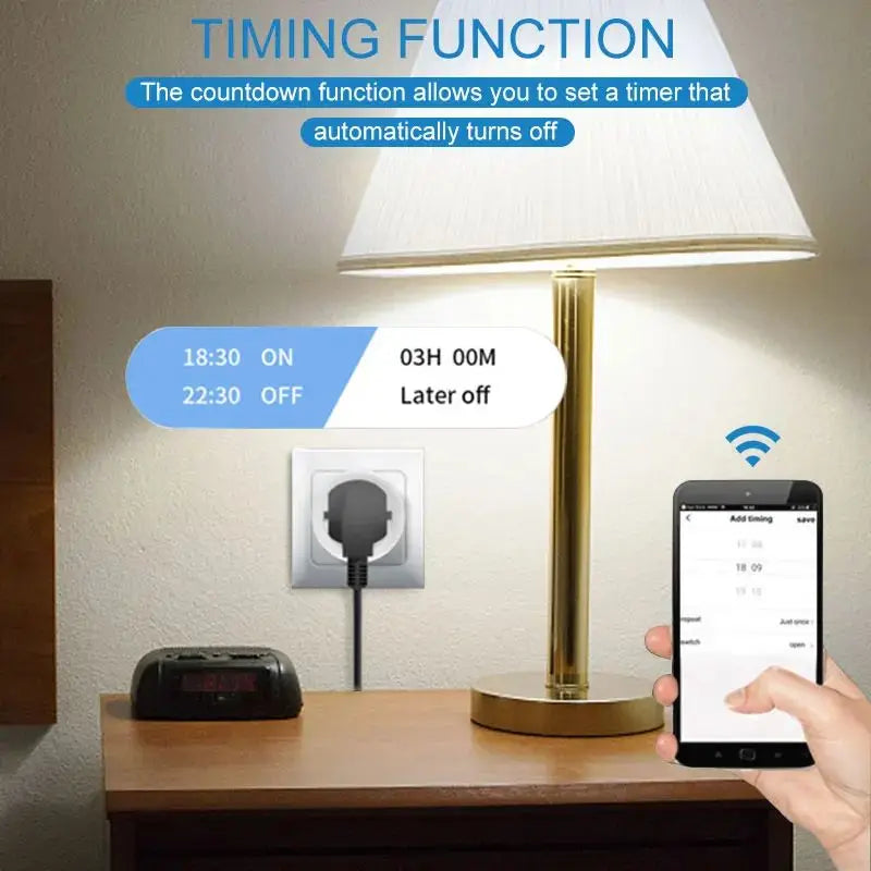 Enchufe inteligente WiFi Tuya 16A/20A UE con función de monitoreo de energía y temporización, aplicación Smart Life, control por voz vía Alexa Google