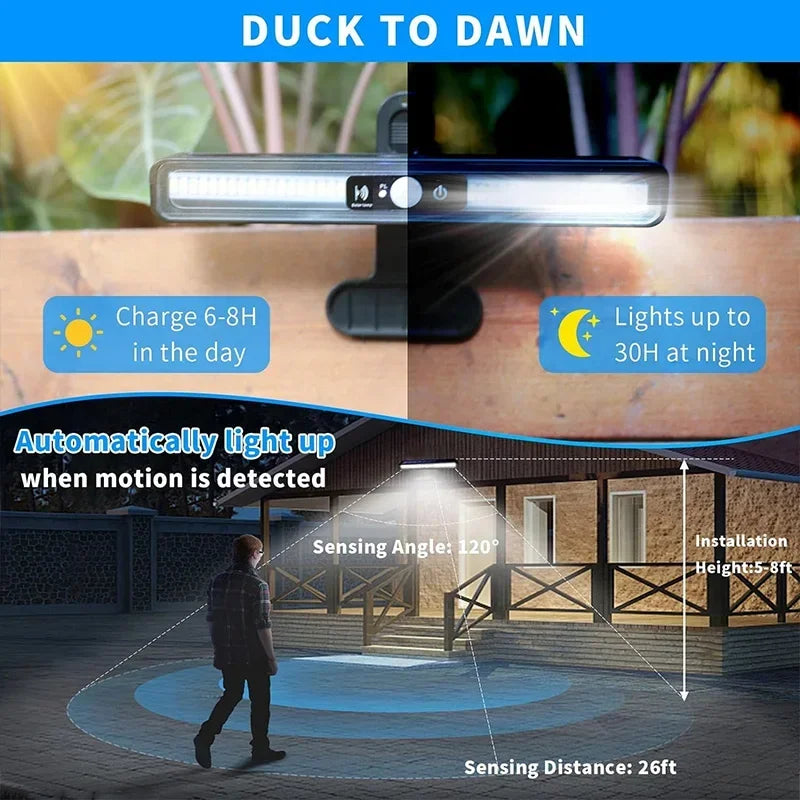 Luces solares con sensor de movimiento con clip para exterior, impermeables, luces solares para vallas exteriores con 36 LED, luz de seguridad portátil con energía solar
