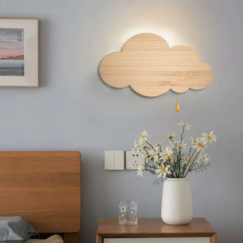 Lámpara de pared de nube con vetas de madera e interruptor regulador de intensidad LED, luz de pared para habitación infantil, guardería, dormitorio, lámparas de pared junto a la cama