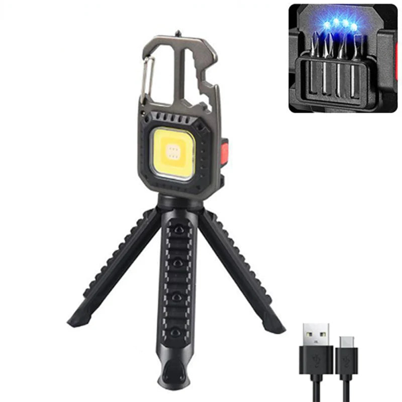 Linterna de trabajo portátil Mini LED tipo llavero Linterna de bolsillo recargable por USB Lámpara de camping al aire libre con martillo rompeventanas abridor de botellas