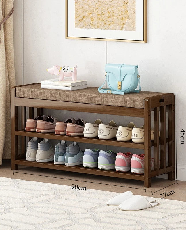 Taburete para cambio de zapatos, banco de entrada para el hogar, taburete de zapatos de madera maciza, zapatero de almacenamiento, banco simple, taburete de sofá con bolsa blanda