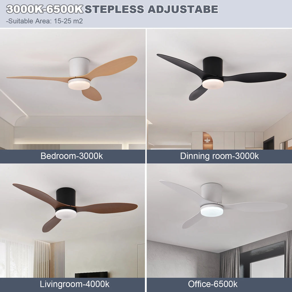 Moderno ventilador de techo LED silencioso, motor de CC, 6 velocidades, temporizador, ventilador tipo loft con control remoto y luces para dormitorio y comedor
