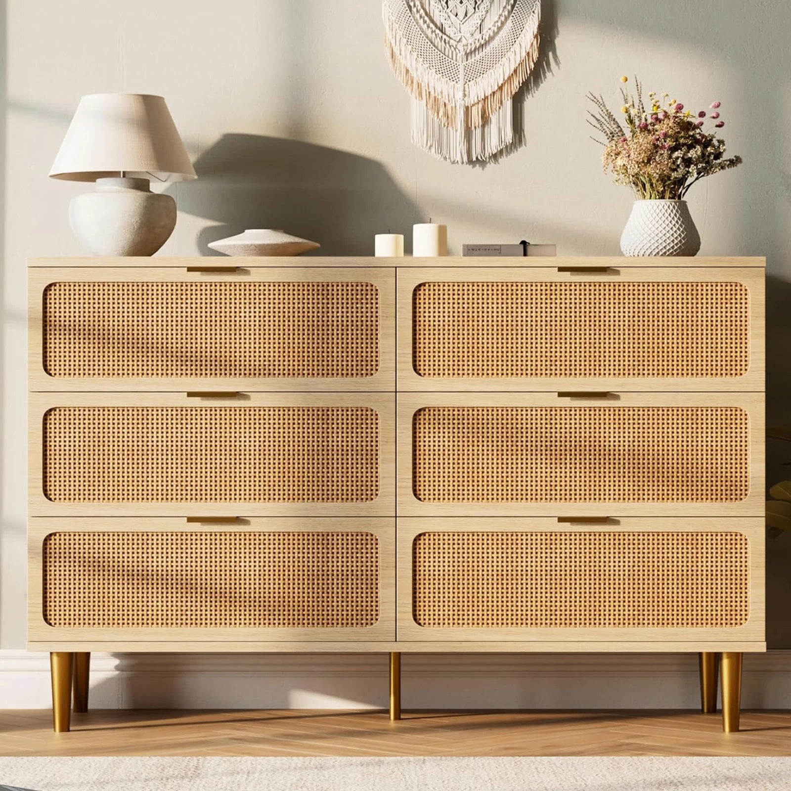 Cómoda de ratán de 6 cajones, cómoda de almacenamiento grande de ratán natural tejido a mano y madera con cajones profundos para dormitorio o sala de estar