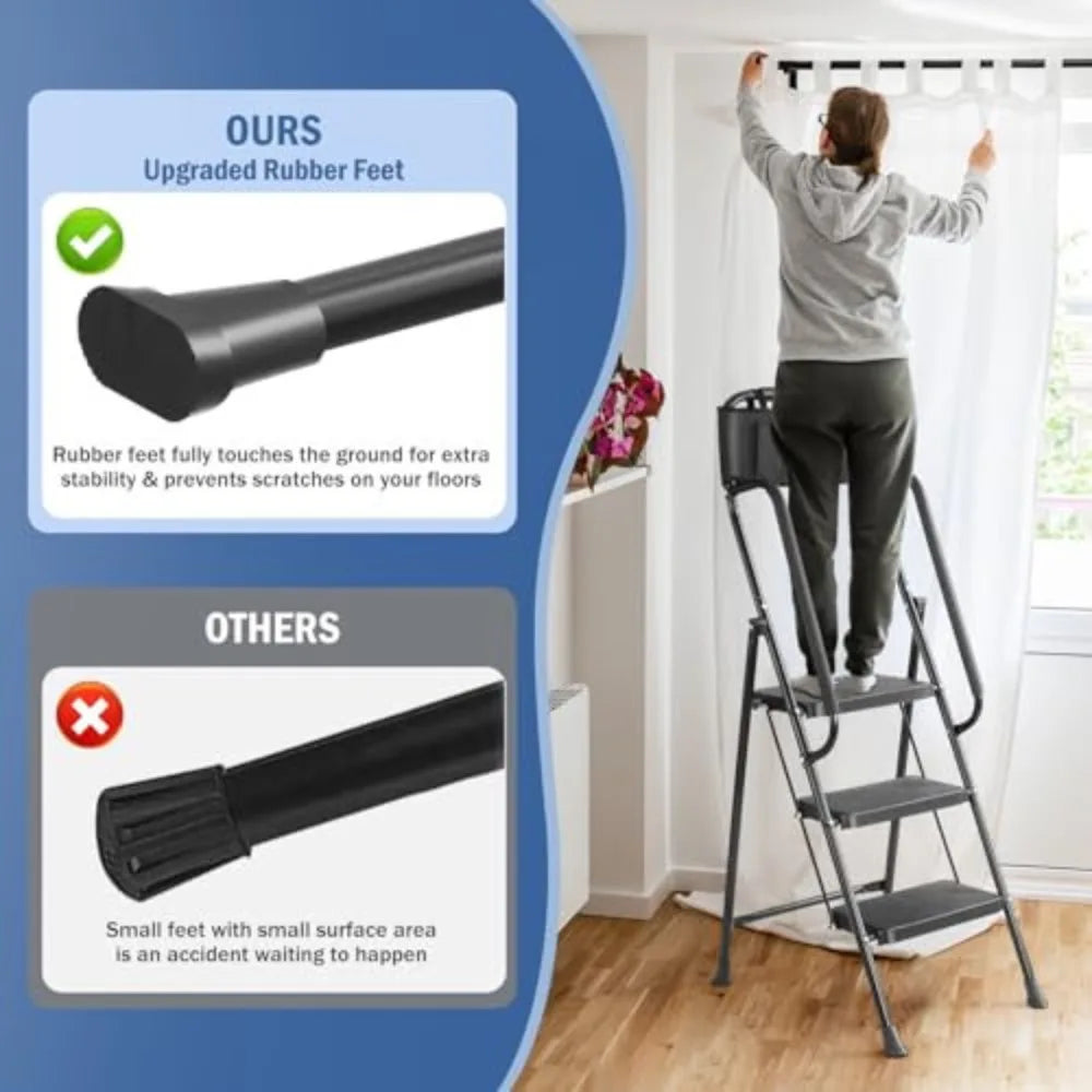 3 Step stool Ladder with Handrails 330 lbs folding Attachable Tool