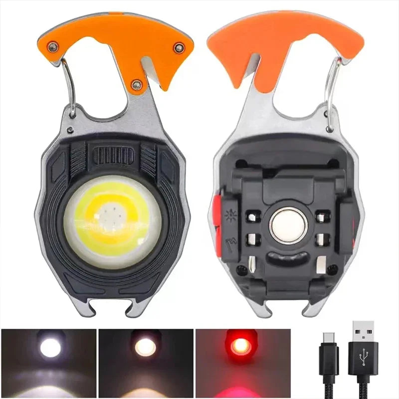 Linternas de trabajo llavero COB, 7 modos de iluminación, luces multifunción recargables, cortador de cinturón de seguridad, destornillador, silbato