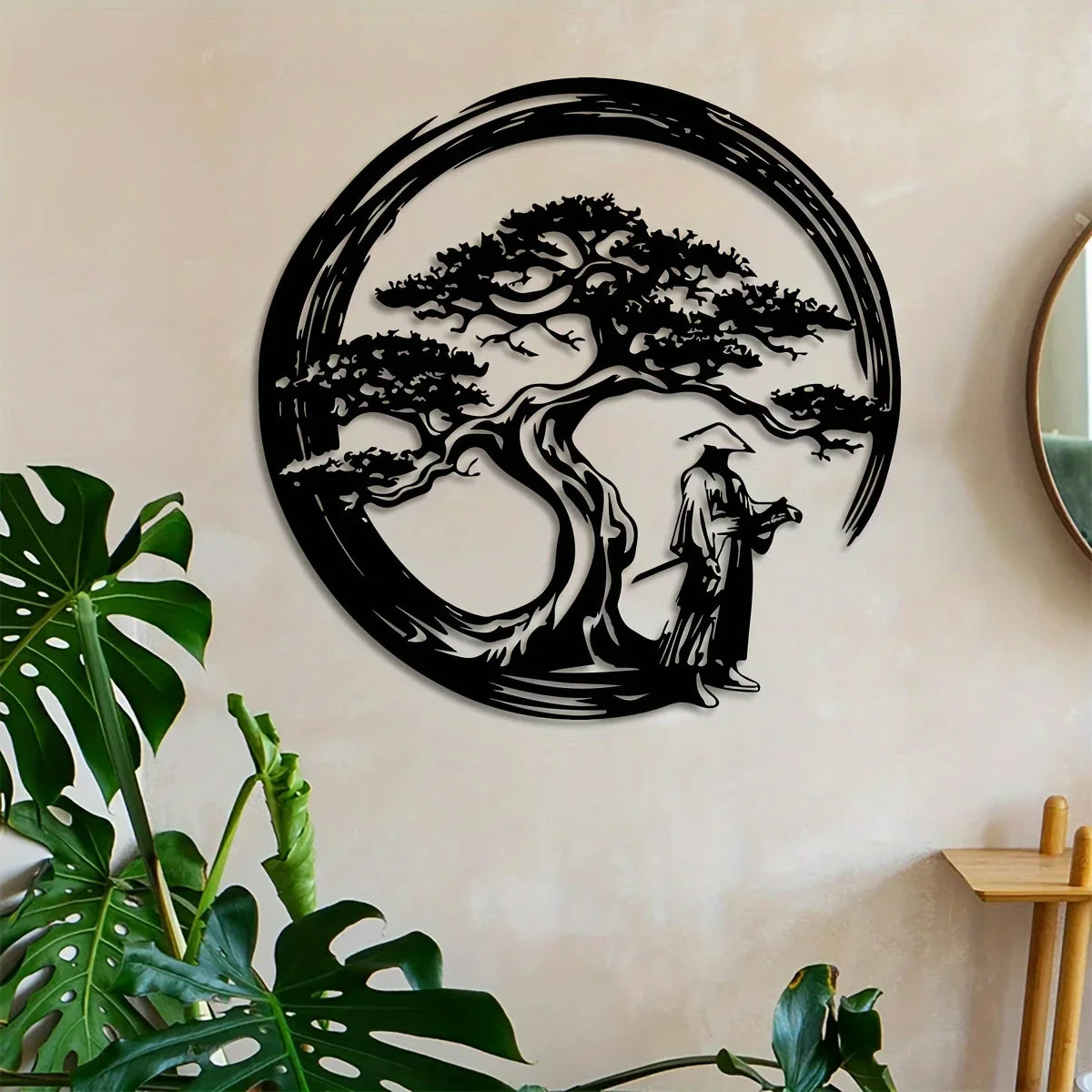 Japanese Bonsai Tree Metal Wall Art 15.7x15.7 Tori Gate Enso Cutout Creative Modern Home Accent Unique Housewarming Gift