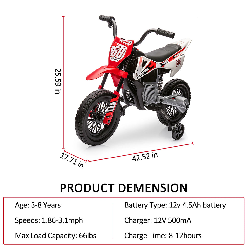 Moto eléctrica de motocross de 12 V para niños con ruedas de entrenamiento, acelerador de puño, velocidad máxima de 3 mph y música