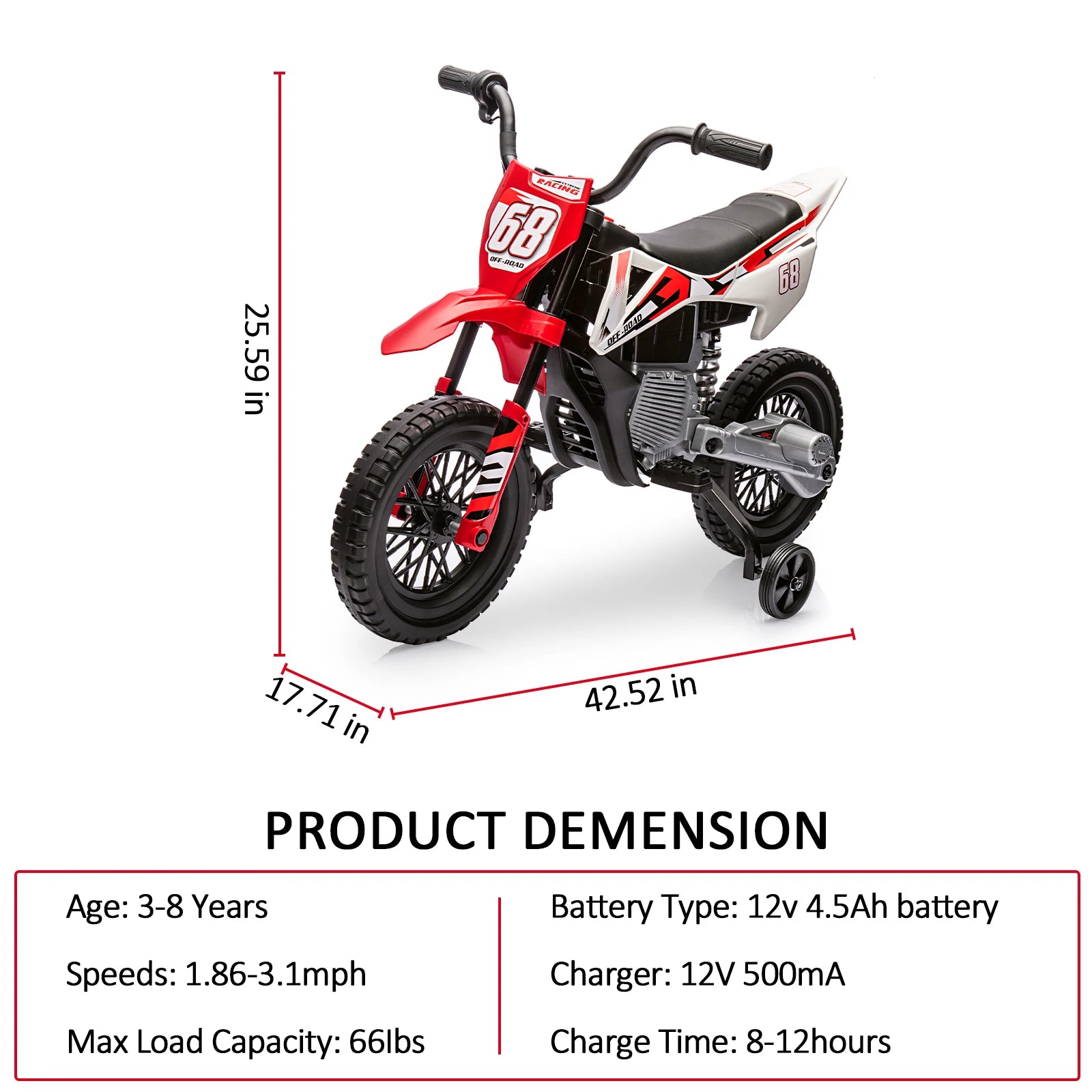 Moto eléctrica de motocross de 12 V para niños con ruedas de entrenamiento, acelerador de puño, velocidad máxima de 3 mph y música