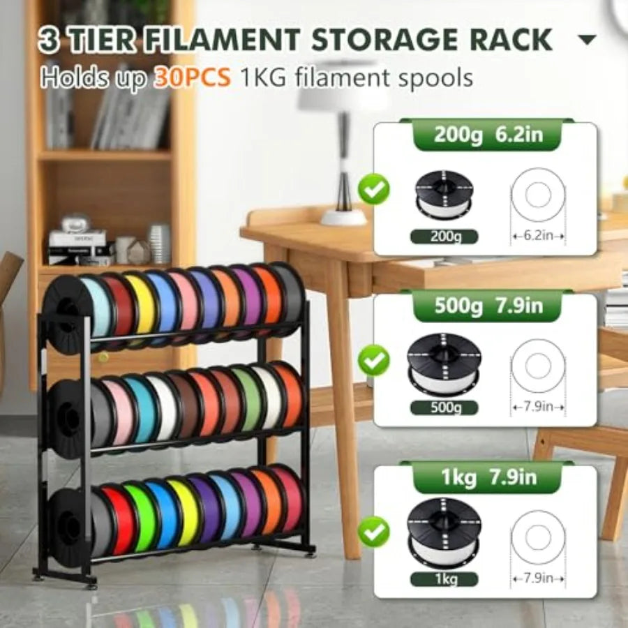 Estante de almacenamiento de filamento 3D de 3 niveles - Estante de filamento para impresora 3D de alta resistencia para 30 rollos Estante de metal para carretes de filamento PLA ABS TPU S