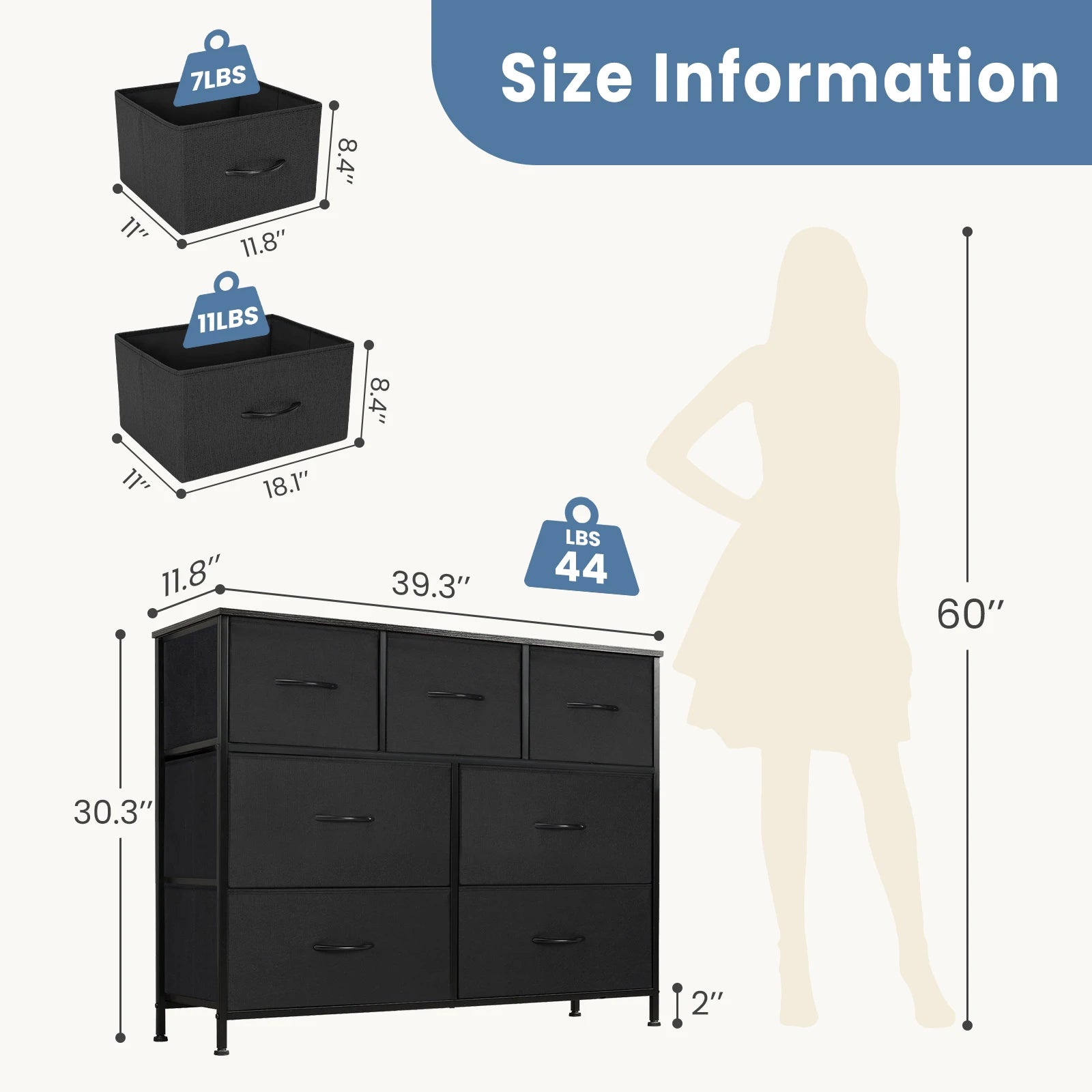 JHK Cómoda para dormitorio con 7 cajones de tela Organizador de almacenamiento Armario Cofre Ropa para sala de estar Vitrina de muebles