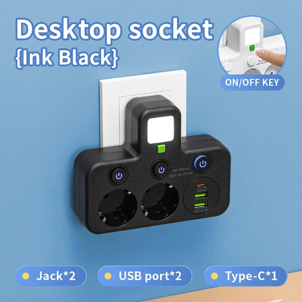 EU Plug AC Outlet Power Strip Multiprise Wall Socket Universal Network Filter USB Cherger Separate Switch Light Adapter