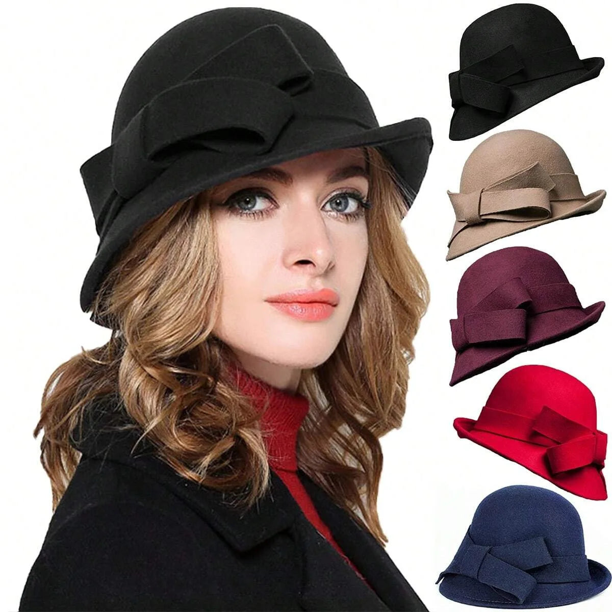 Sombrero de copa para niños, elegante, retro, de lana, con ala rizada, lazo, a la moda, sombrero de copa con gran circunferencia, sombrero de fieltro estilo palacio