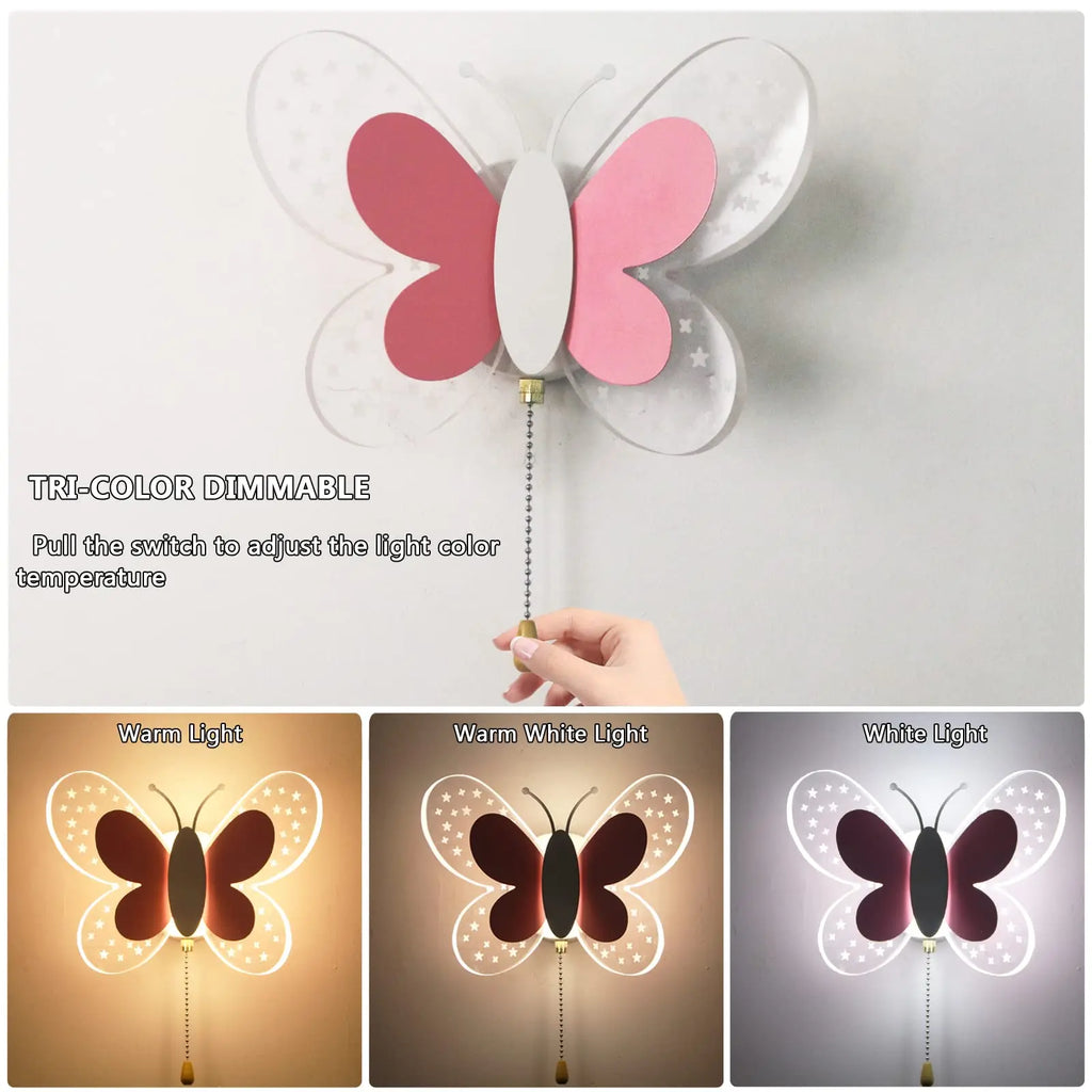 Lámpara de pared mariposa creativa para habitación infantil, apliques de pared rosa con interruptor de cordón, luces decorativas para mesita de noche, pasillo interior