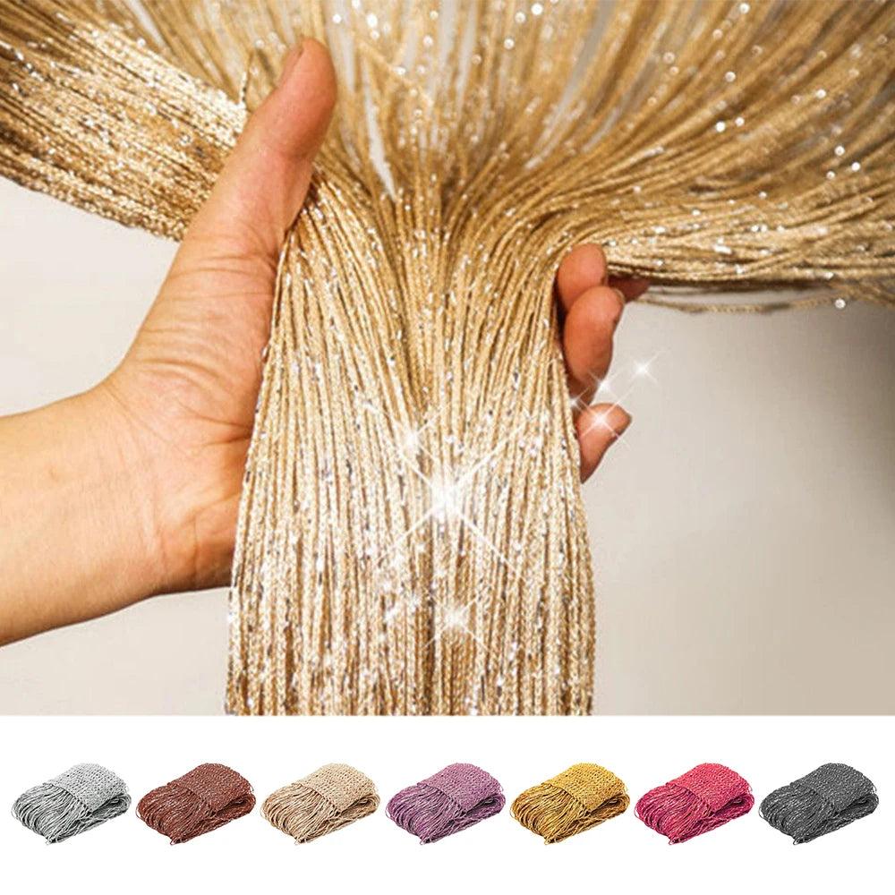 Cortina de Hilo Brillante para Puerta Divisor de Habitaciones Ciega Cinta Plateada Borla Brillante Línea Flash Cortina para Boda Fiesta Decoración de Ventana