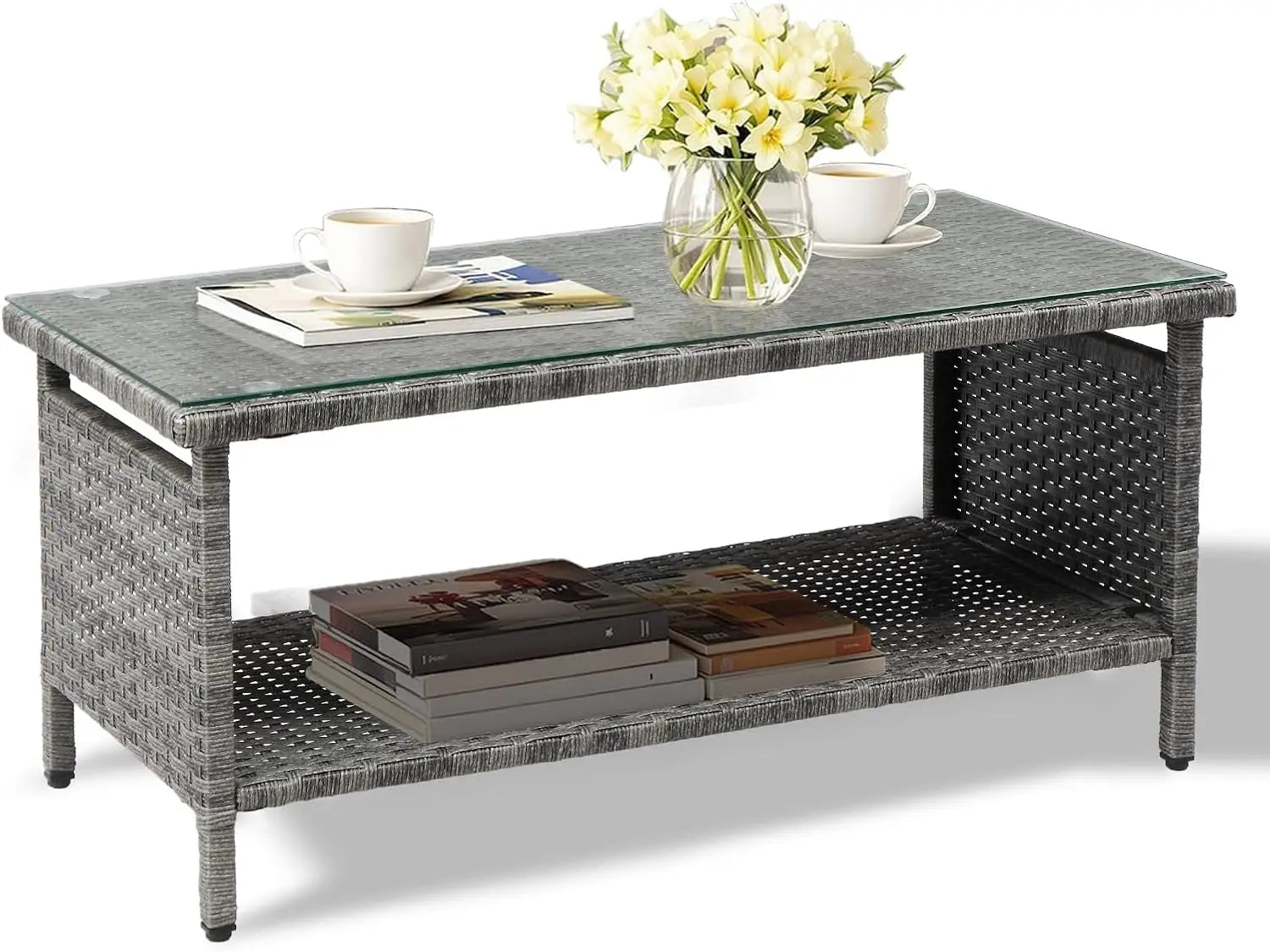 Mesa de centro de mimbre para exteriores, mesas de centro de patio para exteriores, mesa de mimbre con parte superior de vidrio templado con mesa de centro de almacenamiento para patio
