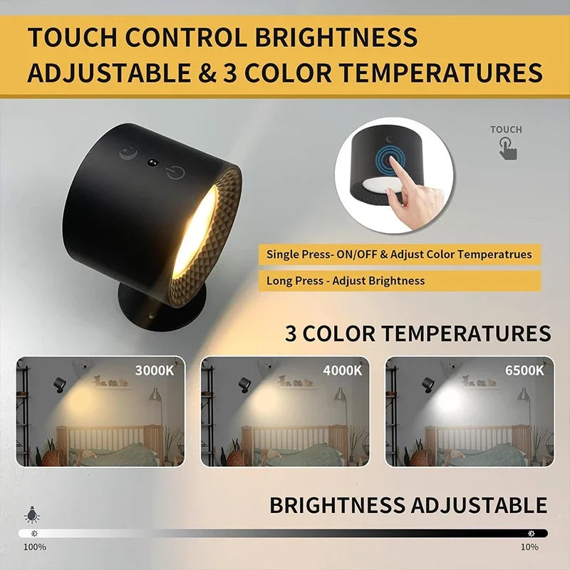 Lámpara de pared LED de doble cabezal, control táctil remoto, giratoria 360°, recargable USB, inalámbrica, portátil, luz nocturna para dormitorio, lámpara de lectura