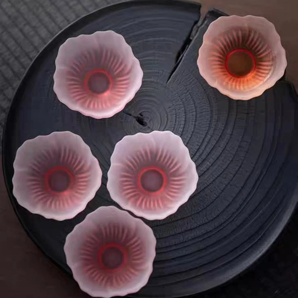 Juego de 4 tazas de té japonesas de cristal esmerilado rosa Sakura, dama de cristal rosa, taza de té con diseño de flores, taza de té, taza con diseño de pétalos