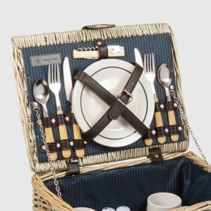 Cesta de picnic Catalina para 2 personas, clásica, de lujo, de mimbre inglés tejida a mano con detalles de cuero genuino y servicio completo para T