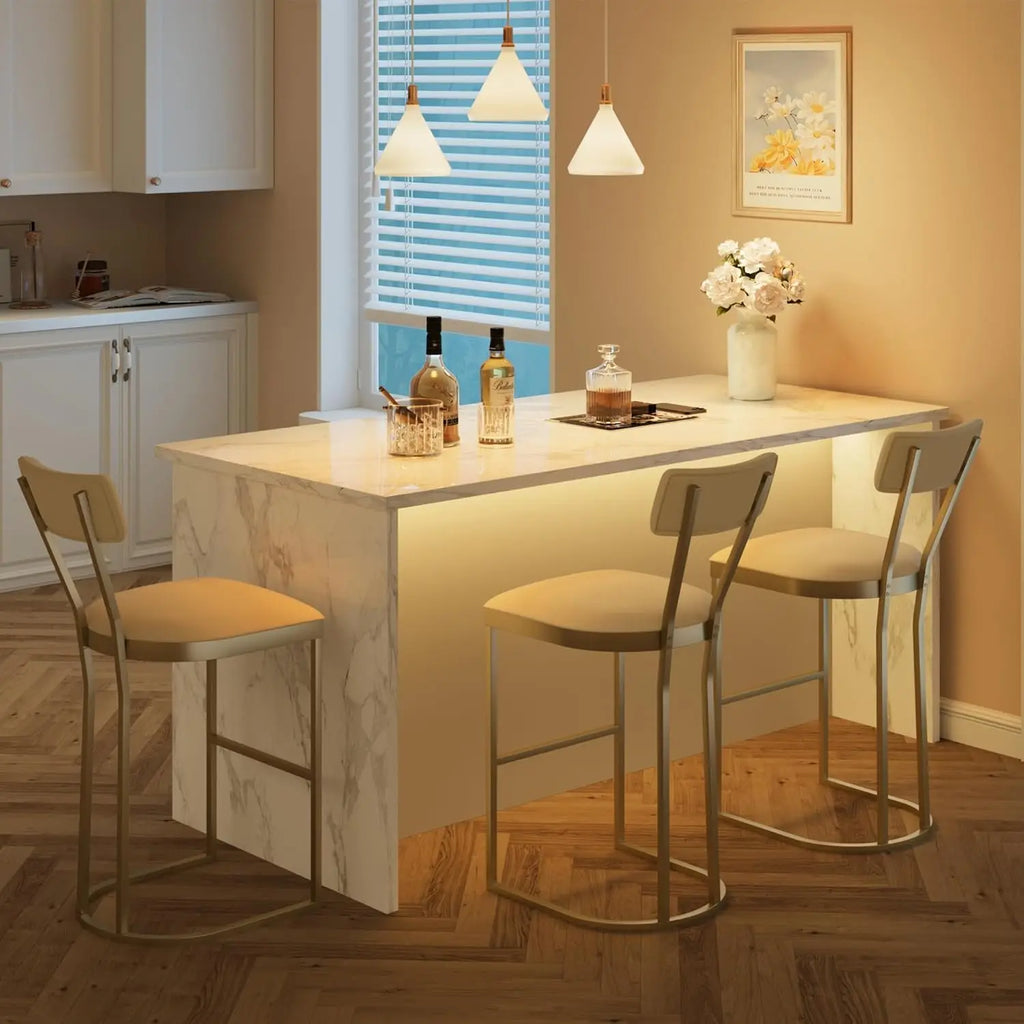 Juego de 2 taburetes de bar de altura de mostrador con respaldo, estructura de metal y asiento tapizado, taburetes altos para isla de cocina, comedor de casa